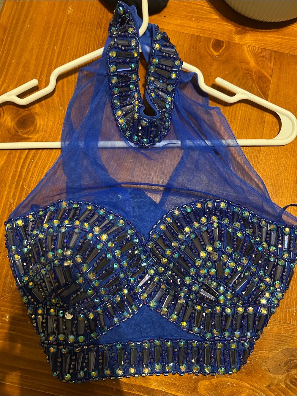 Faviana Royal Blue Beaded Evening Crop Top and Skirt